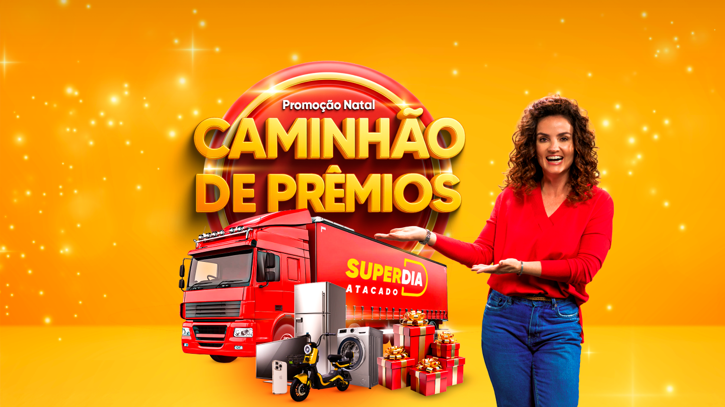 Banner da Promoção Natal Caminhão de Prêmios com um caminhão vermelho decorado com luzes de natal e presentes.