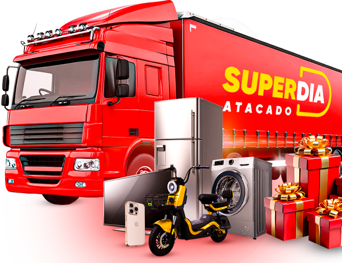 Imagem de um caminhão de brinquedo vermelho cheio de caixas de presente, simbolizando os prêmios.